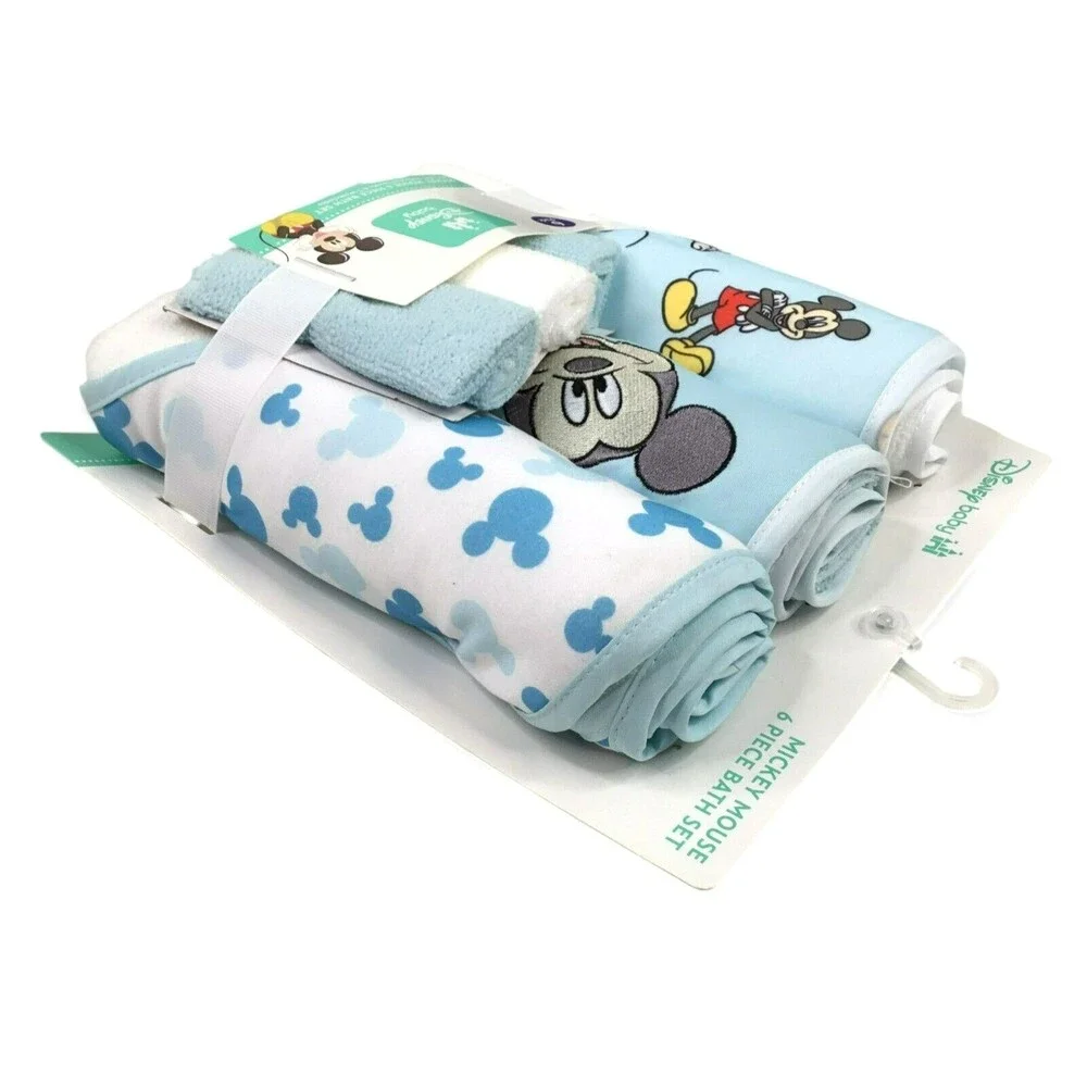 Disney Mickey Mouse Set Hooded Bath Towels and Washcloths Infant Blue White NWT